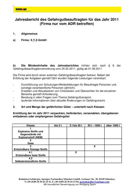 Jahresbericht des Gefahrgutbeauftragten für das Jahr 2011 (Firma ...