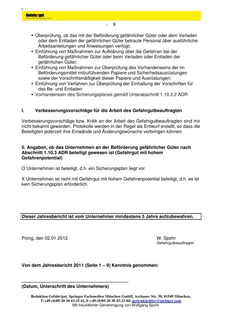 Jahresbericht des Gefahrgutbeauftragten für das Jahr 2011 (Firma ...