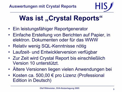 Auswertungen mit Crystal Reports