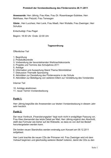 Protokoll der Vorstandssitzung des Fördervereins 28.11.2011 Seite ...