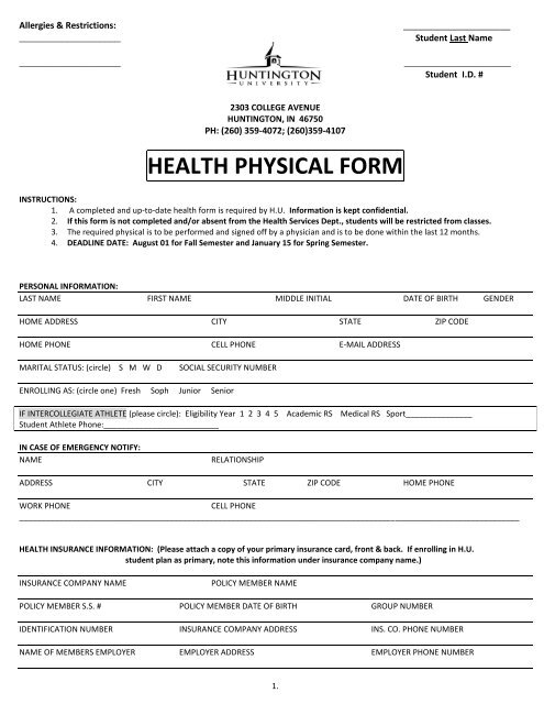 HEALTH PHYSICAL FORM - Huntington University