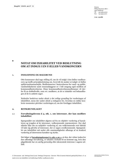 Notat af 19 marts 2012 om inhabilitet ved etablering af fÃ¦lles ...