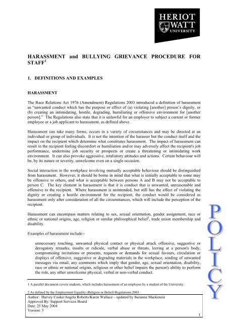 HARASSMENT And BULLYING GRIEVANCE PROCEDURE FOR harassment-and-bullying-grievance-procedure-for