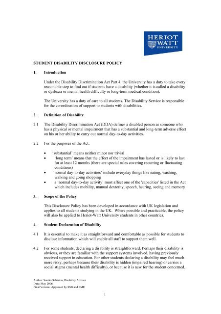 Student Disability Disclosure Policy - Heriot-Watt University