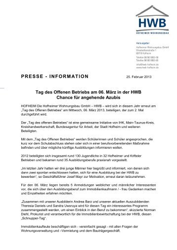 Pressemitteilung Tag des Offenen Betriebs am 06. MÃ¤rz in der HWB