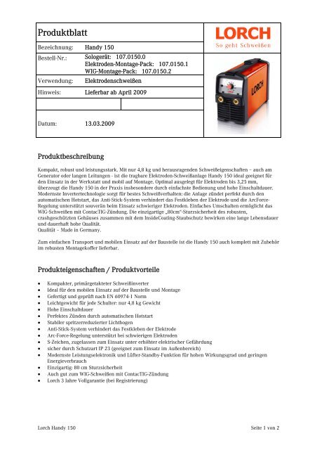 Datenblatt Handy 150 herunterladen