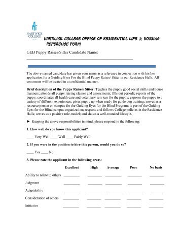 Hartwick College Office of Residential Life & Housing Reference Form