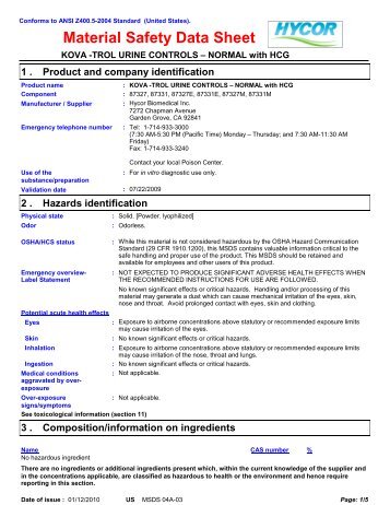 SDS KOVA-Trol Urine Controls-Normal with ... - Hycor Biomedical