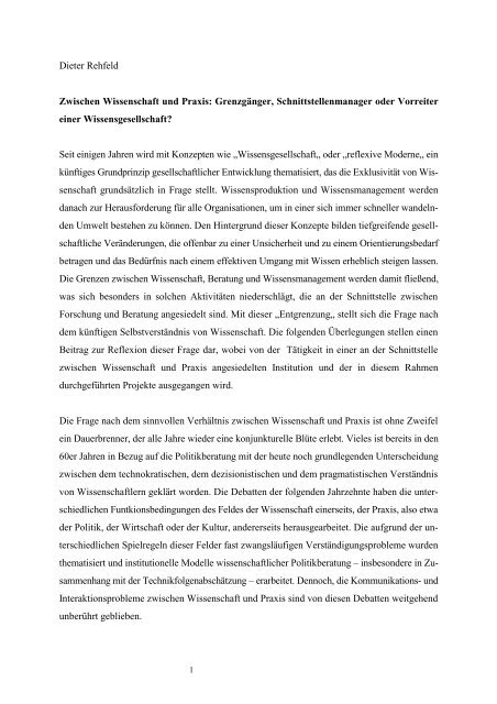 Dieter Rehfeld Zwischen Wissenschaft und Praxis: Grenzgänger ...