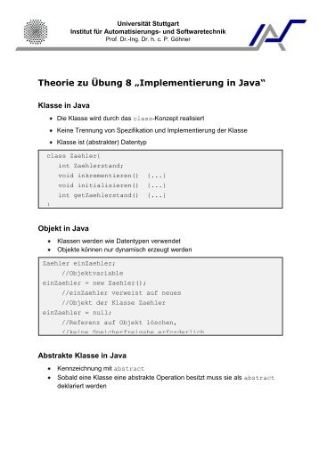 Ãbung 8: Implementierung objektorientierter Konzepte - Institut fÃ¼r ...