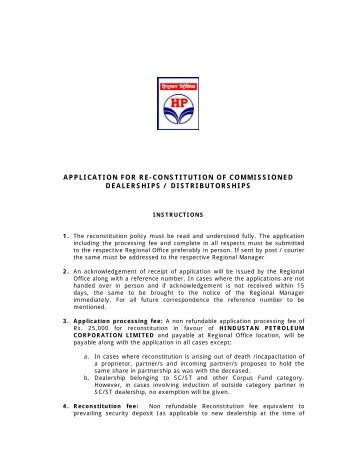 application for re-constitution of commissioned dealerships ...