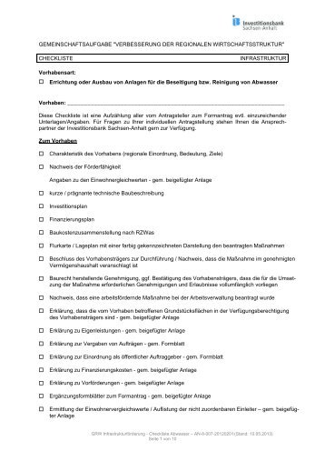 Checkliste Abwasser - Investitionsbank Sachsen-Anhalt