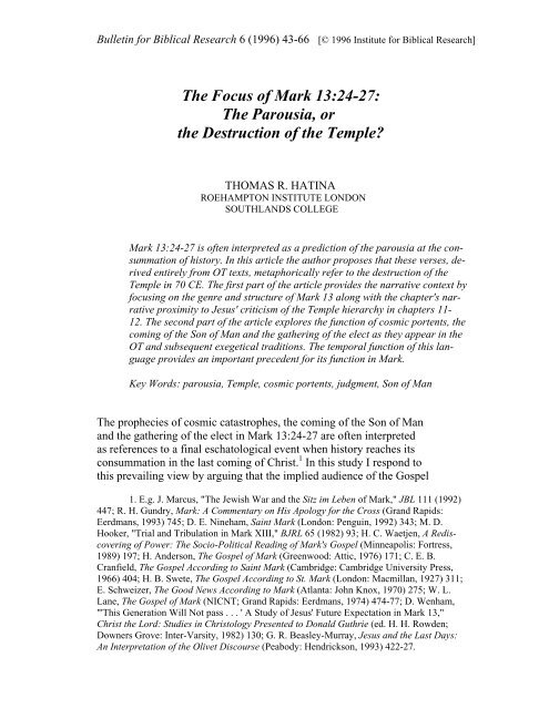 The Focus of Mark 13:24-27 - Institute for Biblical Research