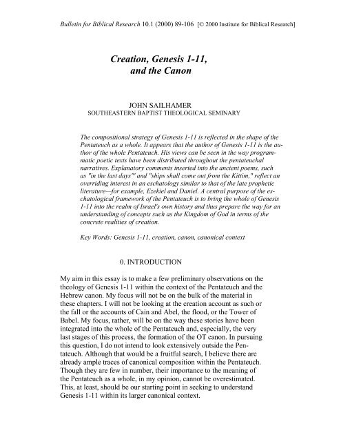 Creation, Genesis 1-11, and the Canon - Institute for Biblical Research