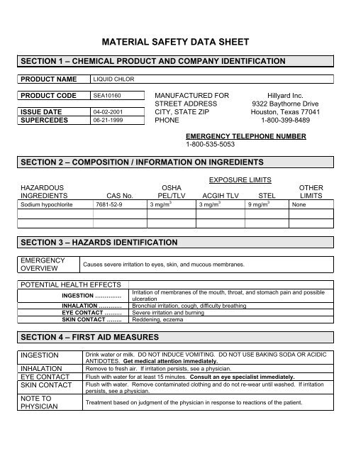 MATERIAL SAFETY DATA SHEET - Hillyard