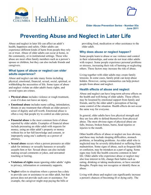 Preventing Abuse and Neglect in Later Life - HealthLinkBC