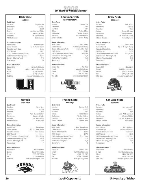 Table of Contents Quick Facts - University of Idaho Athletics