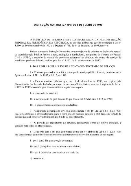 Instrução Normativa SAF nº 08, de 06 de julho de 1993 - progep