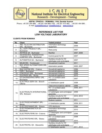 REFERENCE LIST FOR LOW VOLTAGE LABORATORY - icmet