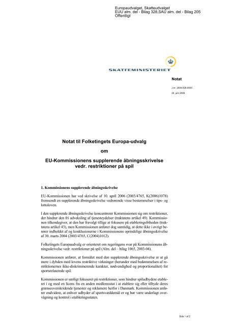 Notat fra Skatteministeriet