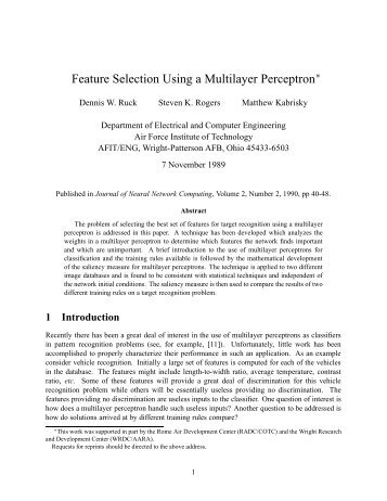 Feature Selection Using a Multilayer Perceptron - IDRBT