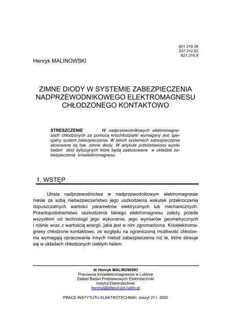 zimne diody w systemie zabezpieczenia nadprzewodnikowego ...