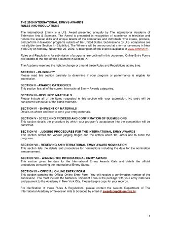 the 2009 international emmyÂ® awards rules and regulations