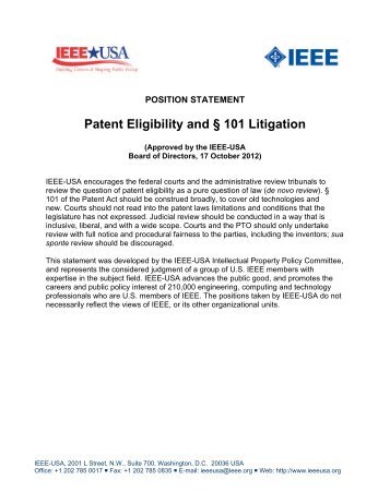 Patent Eligibility and § 101 Litigation - IEEE-USA