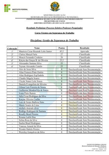 Resultado Preliminar - SeguranÃ§a do Trabalho - Instituto Federal ...