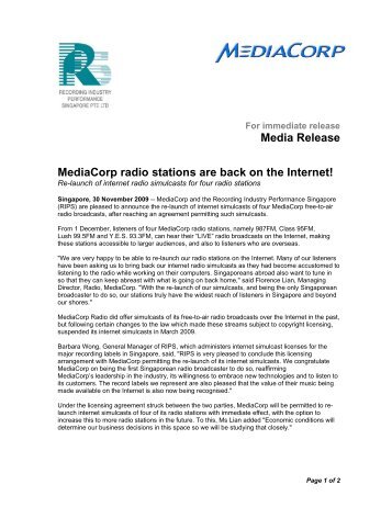 Media Release MediaCorp radio stations are back on the ... - IFPI