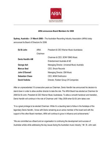 ARIA announces Board Members for 2008 Sydney, Australia ... - IFPI
