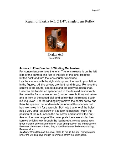 Single Lens Reflex Repair Reference: Repair Of Exakta 6X6 2 1 4Â Single Lens Reflex