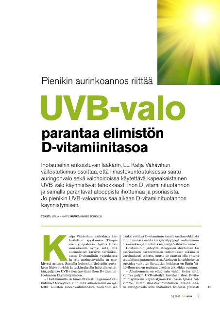 UBV-valo parantaa elimistÃ¶n D-vitamiinitasoa