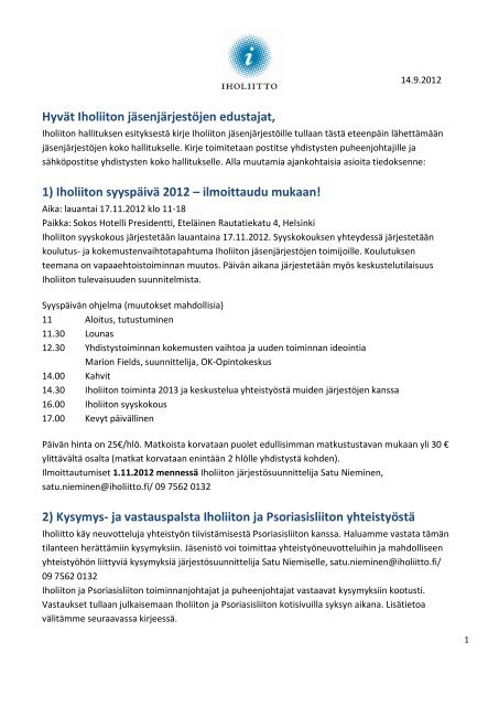 Kirje jÃ¤senjÃ¤rjestÃ¶ille 5/2012 - Iholiitto ry