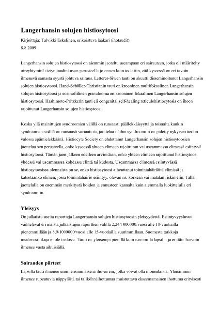 Langerhansin solujen histiosytoosi - Iholiitto ry