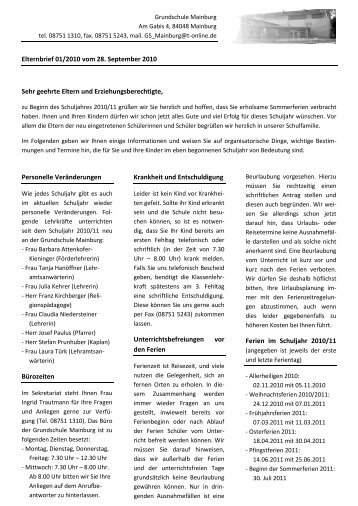 Elternbrief 01/2010 vom 28. September 2010 Sehr geehrte Eltern ...