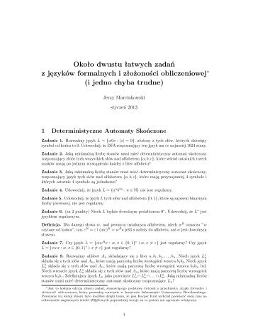 zbiór zadań na ćwiczenia (.pdf) - Instutut Informatyki Uniwersytetu ...