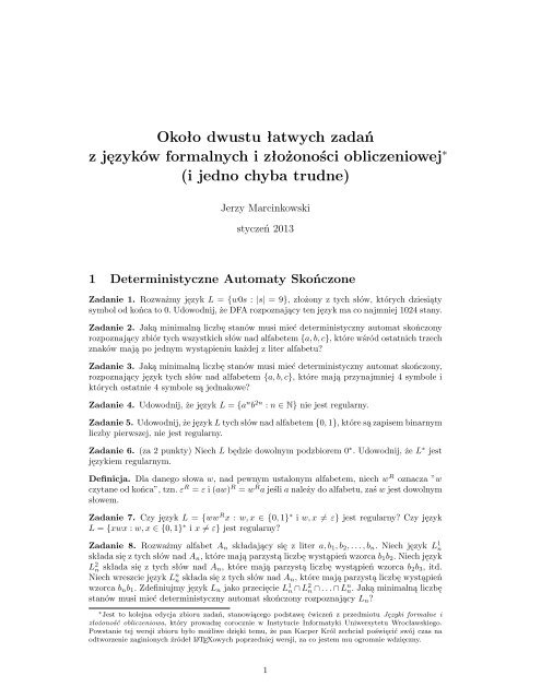 zbiór zadań na ćwiczenia (.pdf) - Instutut Informatyki Uniwersytetu ...