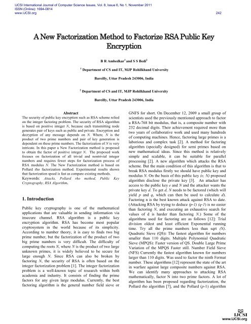 A New Factorization Method to Factorize RSA Public Key ... - IJCSI