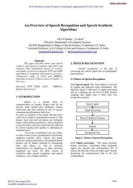 An Overview of Speech Recognition and Speech Synthesis Algorithms