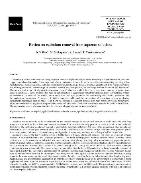 Review on cadmium removal from aqueous solutions