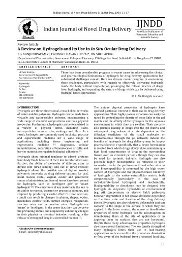 A Review on Hydrogels and Its Use in In Situ Ocular Drug Delivery