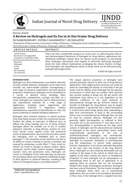 A Review On Hydrogels And Its Use In In Situ Ocular Drug Delivery