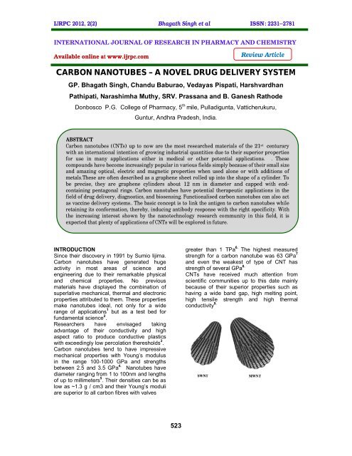 CARBON NANOTUBES – A NOVEL DRUG DELIVERY SYSTEM - ijrpc