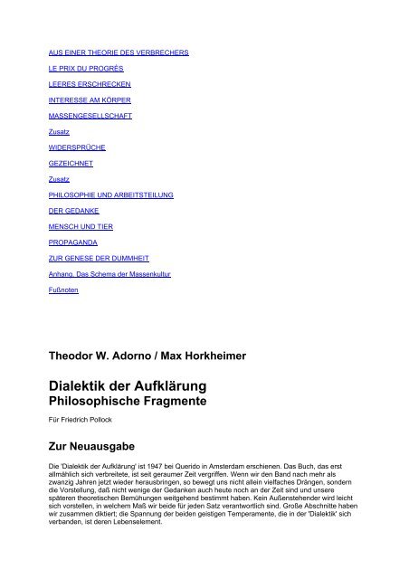 Theodor W. Adorno  /  Max Horkheimer - Dialektik der Aufklärung zur ...