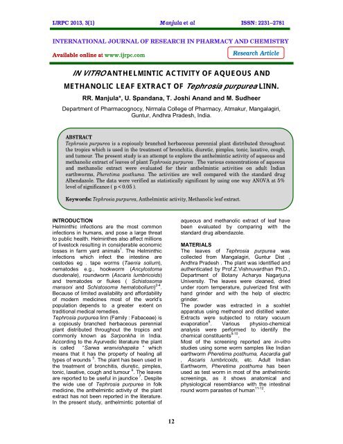 IN VITRO ANTHELMINTIC ACTIVITY OF AQUEOUS AND ... - ijrpc
