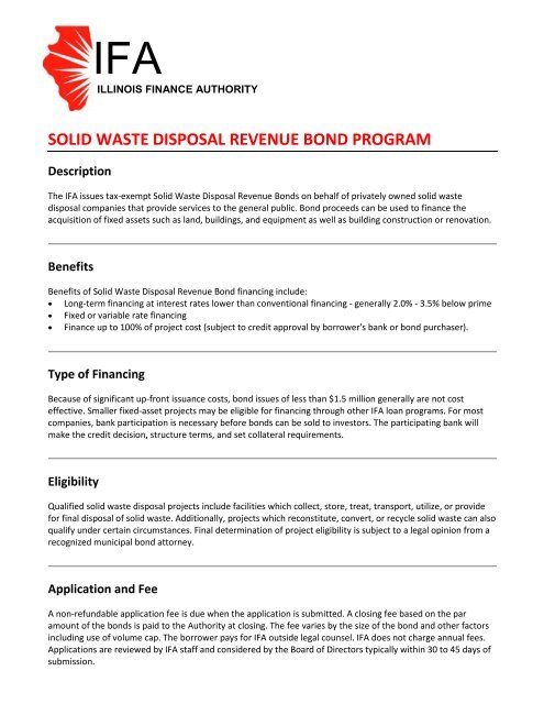 solid waste disposal revenue bond program - Illinois Finance Authority