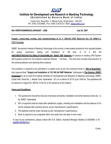 Supply, connecting, testing, and commissioning of 12 V ... - IDRBT