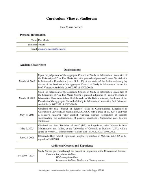 Curriculum Vitae et Studiorum - Istituto di Linguistica ...