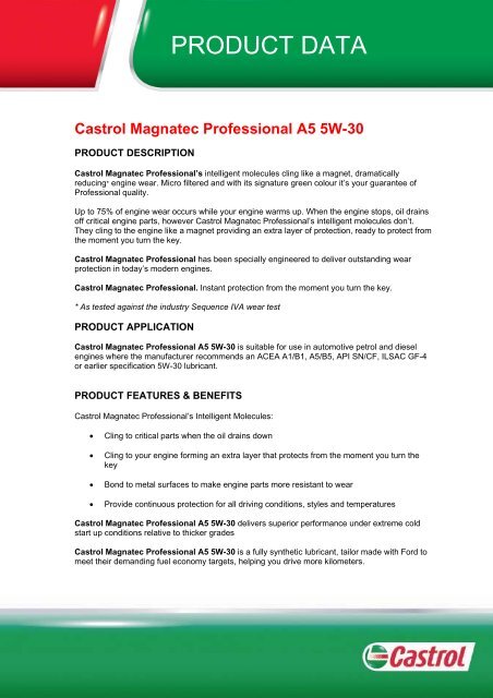 Castrol Magnatec Professional A5 5W-30 - Industrial Lubricants ...